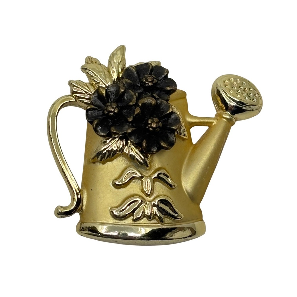 Vintage Gold Tone Watering Can Flower Brooch Garden Theme Pin Novelty Jewelry